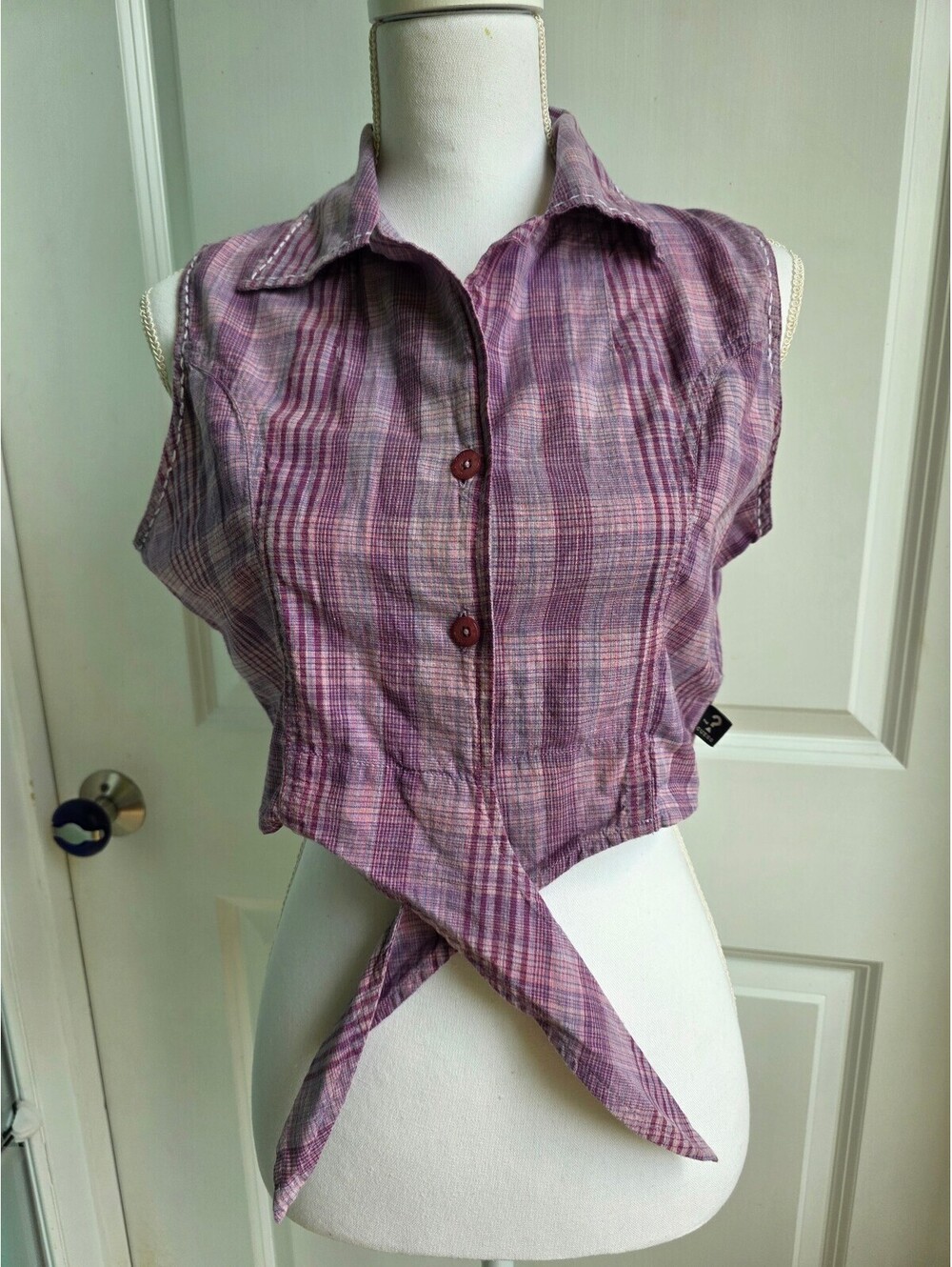 Vintage Guess ? Georges Marciano Sleeveless Plaid Madras Tie-Front Top SZ Large